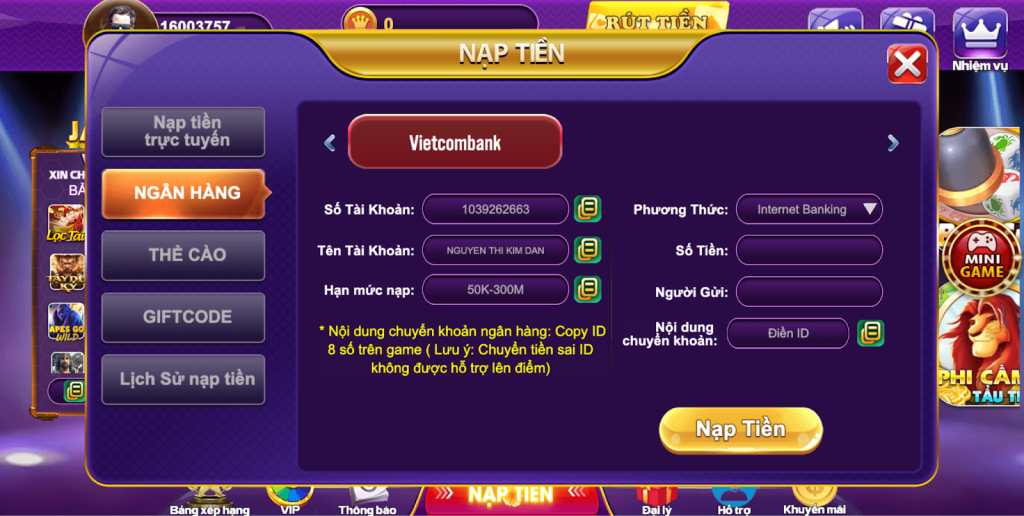 Nạp tiền 68 game bài với đầy đủ các phương thức 5 Nạp tiền 68 game bài qua phương thức ngân hàng