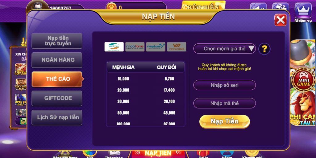 Nạp tiền 68 game bài với đầy đủ các phương thức 6 Thực hiện nạp tiền bằng phương thức thẻ cào tại 68 game bài